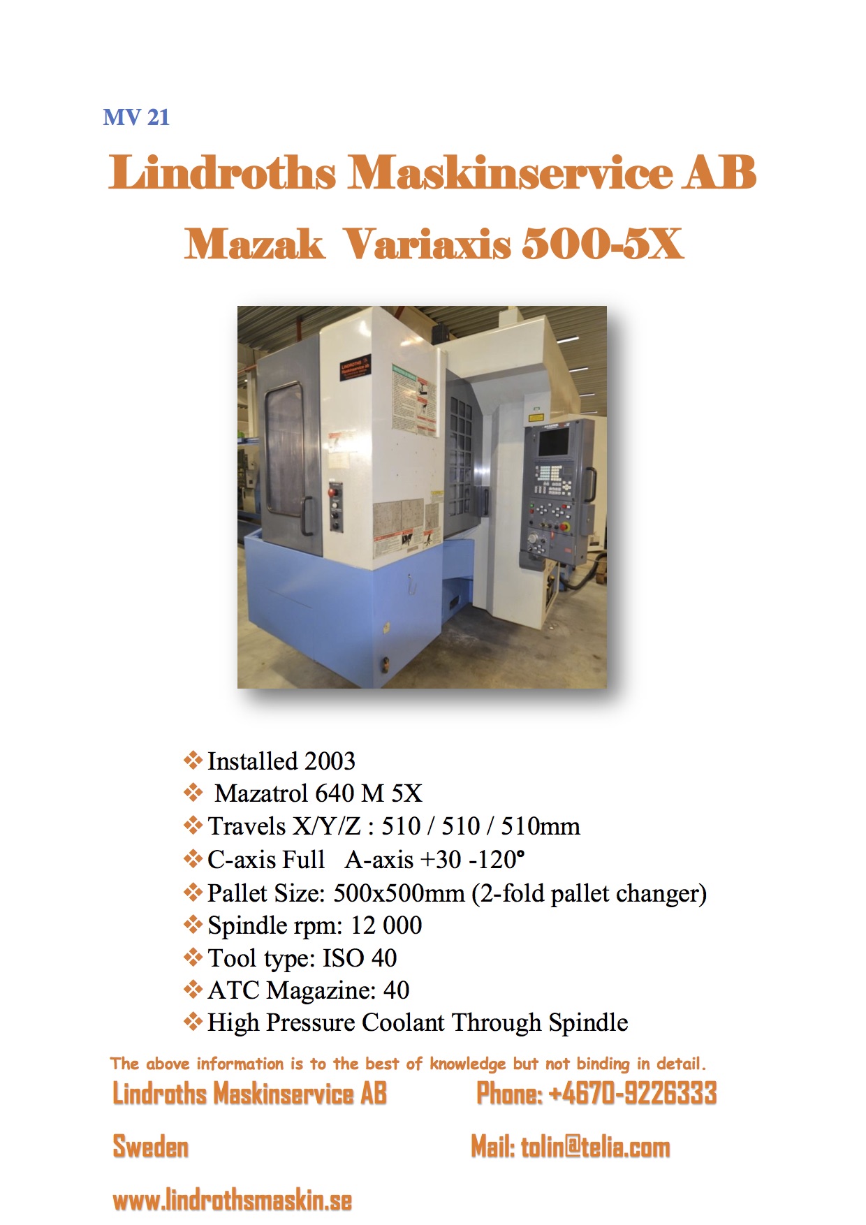 MAZAK variaxis 500 5x  2003
